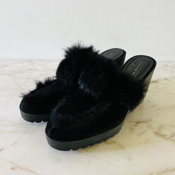 COACH Kaela Black Suede Rabbit Fur Slip On Clogs Mules With Wedge Heels - US 8 - Picture 1 of 8